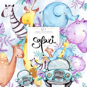 Clipart bébé animaux de la jungle Karamfila Jeep Safari feuilles de palmier aquarelle tropicale chameau Hypo zèbre éléphant girafe enfants sublimation PNG