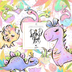 Dino Girls Clipart KaramfilaS Baby Dinosaur Eggs Children's Book Illustrations Planner Stickers T-Rex Princess Pastel Floral Sublimation PNG