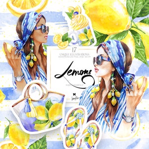 Limones acuarela, imágenes prediseñadas de frutas cítricas de verano, ilustración de moda para chicas, pegatinas para planificador, Italia, Amalfi, limón, sublimación, imágenes PNG