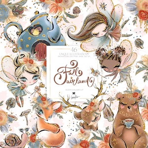 Clipart fée d'automne Forêt de KaramfilaS Fairyland Planner Stickers Fées Pastel automne champignons cerf renard escargot PNG pour enfants sublimation