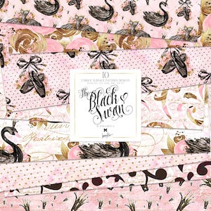 May include: A digital collection of 10 seamless surface pattern designs titled The Black Swan by Karamfila. The patterns feature illustrations of black swans, ballet slippers, pink roses, gold foliage, and polka dots on a light pink background.