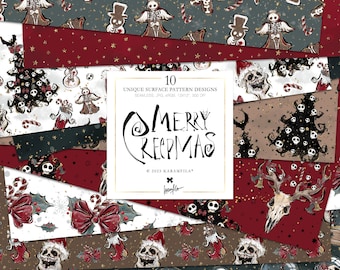 Gothic Christmas Digital Paper KaramfilaS Creepy Halloween Xmas Surface Patterns Santa Skull Spooky Bats Zombie Tree Bats Xmas Fabric POD