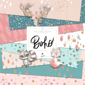 Padrões digitais básicos de animais Boho, papel digital Boho KaramfilaS, papel adesivo para planejador abstrato, papel digital abstrato Pêssego Menta Dourado.