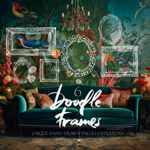 Op de afbeelding: Afbeelding met zes witte doodle-frames in verschillende vormen, waaronder ovale en rechthoekige ontwerpen, tegen een achtergrond van een tealkleurige bank en bloemenbehang. De tekst "6 Doodle Frames" is weergegeven.