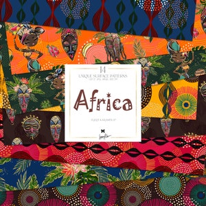 Pacote de papel digital africano, máscaras africanas étnicas, frutas tropicais, silhueta da África, pele escura, menina, crianças, conjunto de padrões de superfície