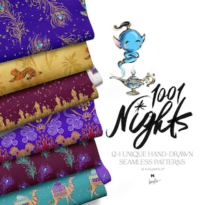 May include: A stack of fabric samples with various patterns, including peacock feathers, tigers, and camels. The image also features a cartoon genie, a magic lamp, and the text "1001 Nights" and "12+1 Unique Hand-Drawn Seamless Patterns."