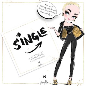 K&ouml;nnte beinhalten: Eine Schwarzwei&szlig;illustration einer Frau mit einer Einzellizenz f&uuml;r kommerzielle Nutzung. Die Illustration befindet sich auf einem wei&szlig;en Hintergrund mit goldenem Glitzer. Der Text "SINGLE LICENSE for commercial use" ist in Schwarz geschrieben.