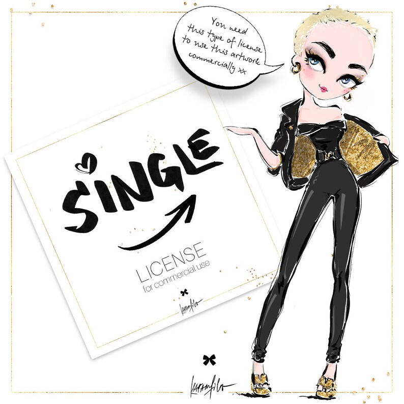 K&ouml;nnte beinhalten: Eine Schwarzwei&szlig;illustration einer Frau mit einer Einzellizenz f&uuml;r kommerzielle Nutzung. Die Illustration befindet sich auf einem wei&szlig;en Hintergrund mit goldenem Glitzer. Der Text "SINGLE LICENSE for commercial use" ist in Schwarz geschrieben.