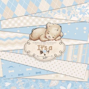Carta digitale per neonati Karamfilas Teddybear, adesivi per planner floreali con ortensia e acquerello, stampe in tessuto a sublimazione blu e beige per cameretta dei bambini.