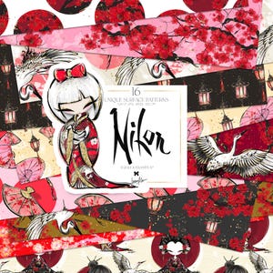Papel digital japonês Karamfila Japão aquarela flor de cerejeira padrões de superfície sem costura guindastes lanterna bonecas japonesas design de tecido impressão