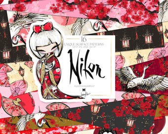 Puede incluir: Un conjunto de 16 patrones de papel digital con diseños de inspiración japonesa. Los patrones incluyen grullas rojas y doradas, flores de cerezo, linternas y paraguas. El texto "Nikon" aparece en una etiqueta blanca con borde dorado.