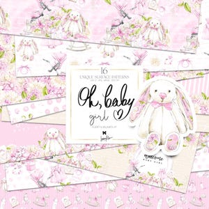Pacote de papel digital para bebê menina Karamfilas Oh Baby Aquarela Hortênsia Floral Planejador Adesivos Rosa Bege Berçário Sublimação Tecido Impressões