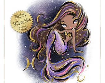 Pisces Zodiac Mermaid Clipart: Stars & Constellations (PNG Digital Download)