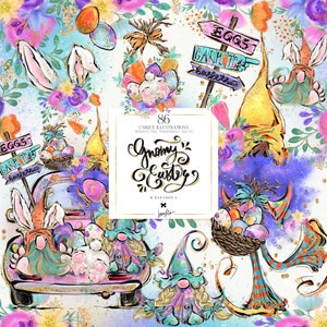 Ostern Zwerge Clipart KaramfilaS Bunny Ei Jagd LKW Planer Aufkleber Zwerg Cartoon niedliche Charaktere Sublimation PNG POD Party Bedarf