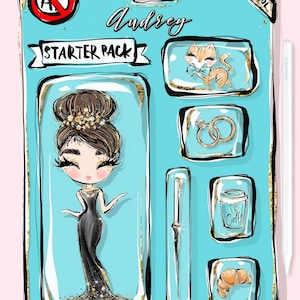 Audrey Hepburn Portrait Figurine Style KaramfilaS Breakfast at Tiffany's Unique Starter Pack with Accessories Printable Sublimation PNG