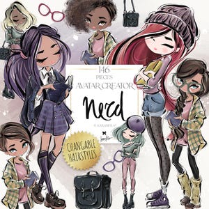 Nerd Girls Clipart: Avatar Creator, Customizable Characters (PNG Files)