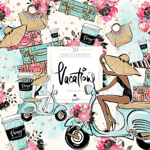 Vacaciones de verano Clipart KaramfilaS Vacaciones Scooter Viajes Chica Planificador Pegatinas Acuarela Floral Moda Clip Arts Sublimación Impresión PNG