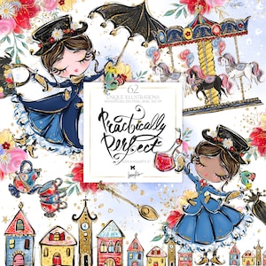 Mary Poppins Clipart, KaramfilaS Wunderliche Pony Karussell Pastell Frühling Blumen Planer Sticker Clip Art Märchen Print Demand Illustration