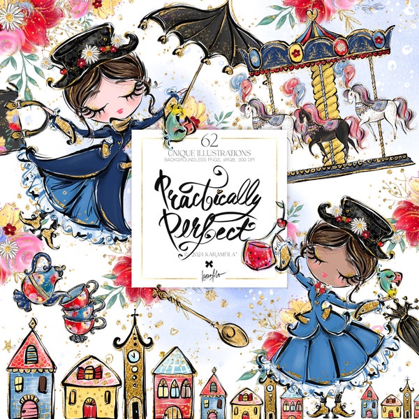 Mary Poppins Clipart, KaramfilaS Wunderliche Pony Karussell Pastell Frühling Blumen Planer Sticker Clip Art Märchen Print Demand Illustration