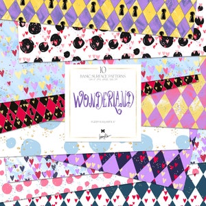 May include: A selection of ten Wonderland-themed surface patterns. The designs feature hearts, keyholes, and diamond shapes in colours such as red, purple, and blue. The image also includes the word "Wonderland".