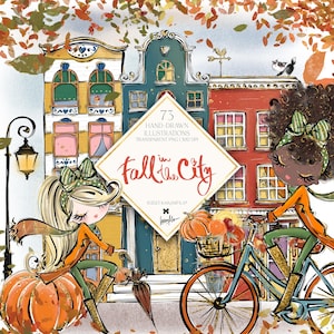 Puede incluir: Ilustración con dos chicas en bicicleta y calabazas frente a edificios coloridos. La imagen incluye el texto "Fall in the City" y "73 ilustraciones dibujadas a mano". Los colores principales son naranja, verde y azul, con hojas de otoño.