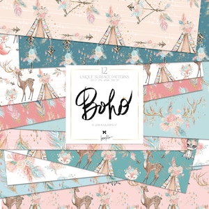 Penas de papel digital Boho, padrões de animais Boho, adesivos de papel Boho para bebês, tecidos personalizados Boho, padrões de animais fofos