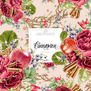 Clipart de Natal com Canela, Rosas em Aquarela, Maçãs, Amora, Rosa Mosqueta, Adesivos para Planejador de Natal, Álbum de Recortes Realista, Artes de Sublimação PNGs