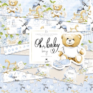 Pack de papier numérique bébé garçon Karamfilas ours en peluche aquarelle hortensias floral agenda autocollants bleu beige chambre de bébé sublimation impressions tissu