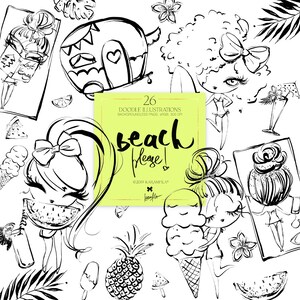 KaramfilaS Sommer Strand Wohnwagen Eis Wassermelone Ananas Surf Tropisch Cocktails Doodle Planer Clipart POD Umriss Illustrationen