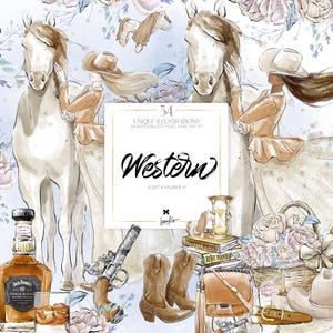 Western Hochzeit Clipart Cowboy Cowgirl Landhausstil Pferd Silber Pistole Aquarell Rosen Whisky Sublimation Print PNG Bilder