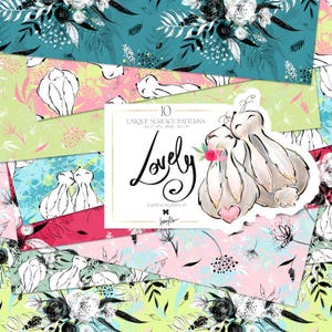 Coelhinhos do Amor Doodle Papel Digital Karamfila Dia dos Namorados Primavera Coelho Casais Planejador Floral Adesivos Padrões Sublimação Tecido Impressão PNG