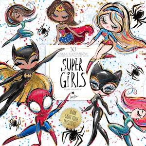 Superhelden-Mädchen Kinder Clipart KaramfilaS Niedliche Super-Frauen-Aufkleber Wunderliche Superhelden Baby Mädchen Niedliche Kinder Illustrationen PNG
