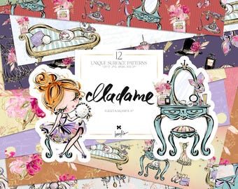 May include: A collection of 12 unique surface patterns with a vintage theme. The patterns feature illustrations of furniture, perfume bottles, and a cartoon woman. The color palette includes pink, blue, gold, and purple.