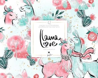 Op de afbeelding: Een digitale illustratie van twee lama's met een roze en blauwe aquarel achtergrond. De lama's zijn verliefd en dragen een sjaal en een ketting. De tekst "Llama Love" staat in het midden van de afbeelding.