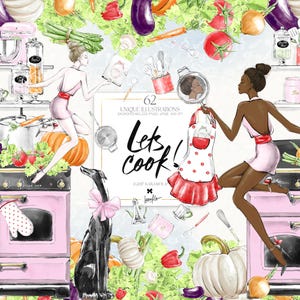 Cozinhar Clipart KaramfilaS Utilidades de cozinha Alimentos Vegetais Forno Livro de receitas Planejador Adesivos Clip Art Cozinhar Menina Sublimação Imagens PNG