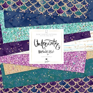 May include: A set of 12 digital paper patterns featuring mermaid scales, glitter, and stripes in shades of teal, purple, gold, and white. The patterns are 12x12 inches, 300 DPI, and are perfect for crafting projects.
