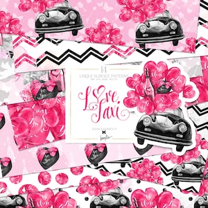 Papel Digital Dia dos Namorados Karamfila Valentine Love Taxi Balão Rosa Champanhe Chevron Bolinhas Aquarela Padrões de Sublimação Sem Costura