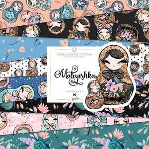 Matryoshka Papel Digital Karamfila Bonecas Ucranianas Aninhadas Aquarela Flor Flor Padrões de Superfície Sem Costura Design de Tecido Russo Impressão