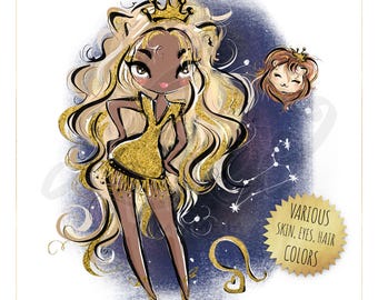 Zodiac Leo Clipart: African-American Girl, Star Constellations (PNG)
