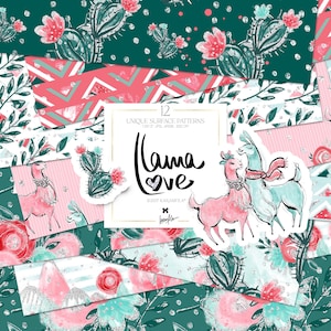Lama Digitales Papier Friedliche Liebe Rot Mint Grün Blumen Planner Aufkleber Mexikanischer Stoff Sublimationsmuster Druck Kaktus Scrapbooking Kit