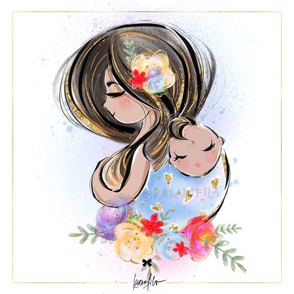 Sling maman et bébé KaramfilaS Maternité Clipart Maternité Planner Autocollants Clip Art Sublimation Image PNG Dessin animé mère enfant Illustration