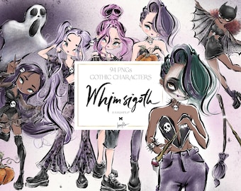 Halloween Gothic Girls Clipart Cute Spooky Whimsical Goth Cartoon PNGs for Planner Stickers Scrapbook Craft DIY Sublimation Apparel Branding