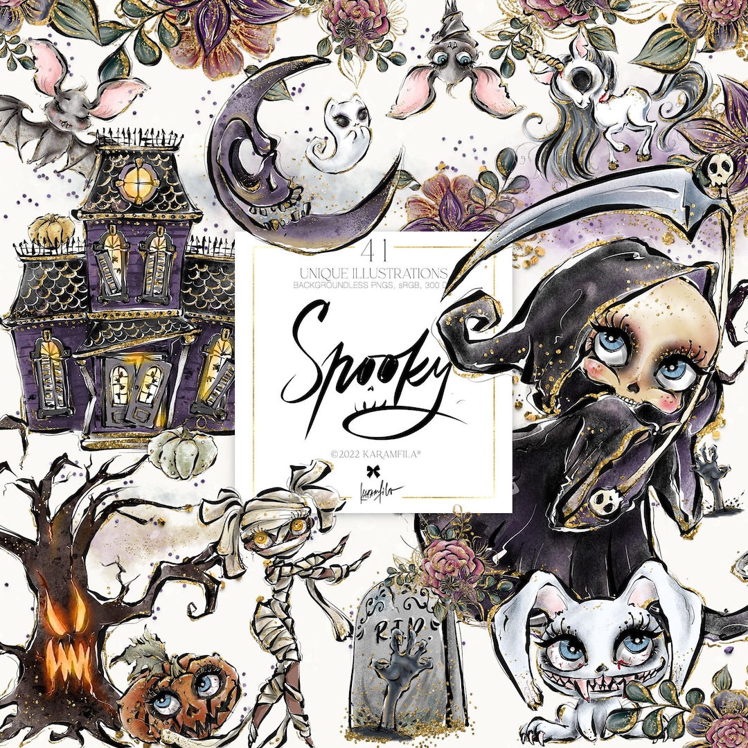 Spooky Halloween Clipart: Creepy Characters, Haunted House (PNG Digital ...