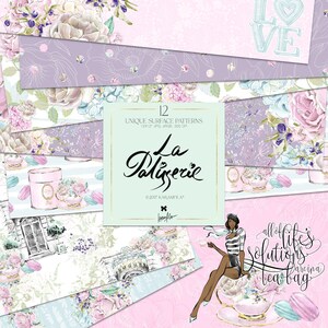 Parijs digitaal plakboek KaramfilaS Franse bitterkoekjes aquarel bloemen planner stickers banketbakkerij winkel stof patronen sublimatie