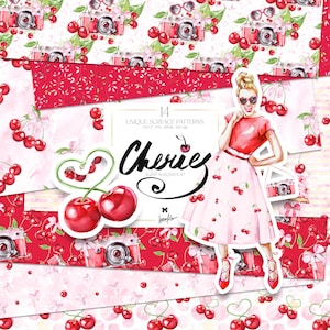 Cherry Digital Paper: Retro Watercolor Seamless Patterns (Digital Download)