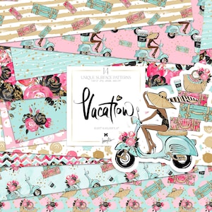 Paquete de papel digital de verano KaramfilaS Vacaciones Scooter Viajes Chica Planificador Pegatina Acuarela Floral Moda Vacaciones Clip Art Sublimación PNG