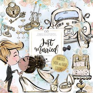 Hochzeit-Symbole Clipart KaramfilaS Braut Bräutigam Hochzeit Auto Kuchen Kerzen Clip Art Pastell Blumen Glitzer Rahmen Planer Aufkleber Sublimation PNG