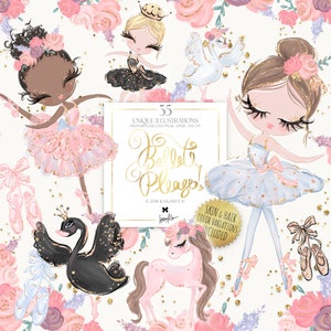 Clipart de bailarina, clipart de pônei, clipart de cisne, clipart de menina bebê, clipart de aniversário de menina, adesivos de planejador de bailarina, impressão digital em tecido.