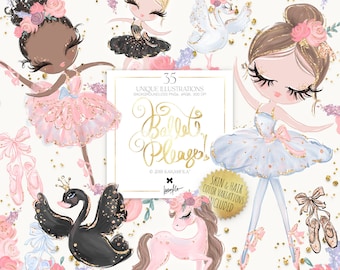 May include: A digital clipart set of 35 unique illustrations featuring ballerinas, swans, unicorns, flowers, and ballet shoes. The illustrations are in a whimsical style with glitter accents and are perfect for creating digital projects.