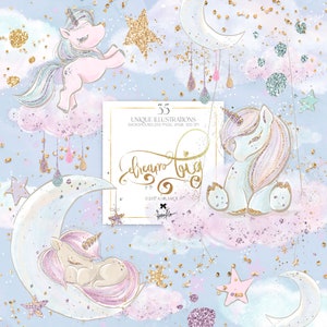 Bebê Unicórnios Clipart KaramfilaS Sonho Grande Algodão Doce Nuvens Glitter Estrelas Lua Berçário Impressão por Sublimação Coleção de Ilustrações PNG